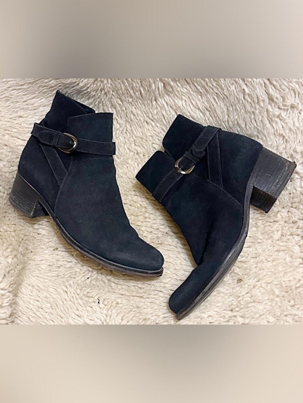 La CANADIENNE Black Suede Ankle Booties with Buckle Strap